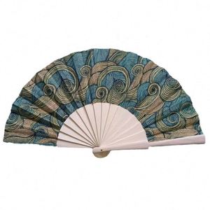 Abanico Plegable Portátil Ecológico de Corcho y Bambú de 23 cm con Estampado, Abanico de Mano de Tela y Madera con Técnica Pintada, Abanico Vegano Promocional - Product Image 1