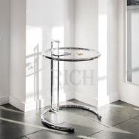 Table d'appoint ronde moderne en verre trempé avec plateau rond, hauteur réglable, en acier inoxydable argenté