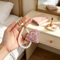 Porte-clés en forme de diamant avec bracelet de perles, breloque de sac en cristal scintillant, anneau porte-clés pour femme, cadeau