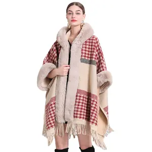 2024 Hot Sale Winter Fur Hooded Long Tassel Cloak Free Size Women Thicken Fleece Inside Cape Coat