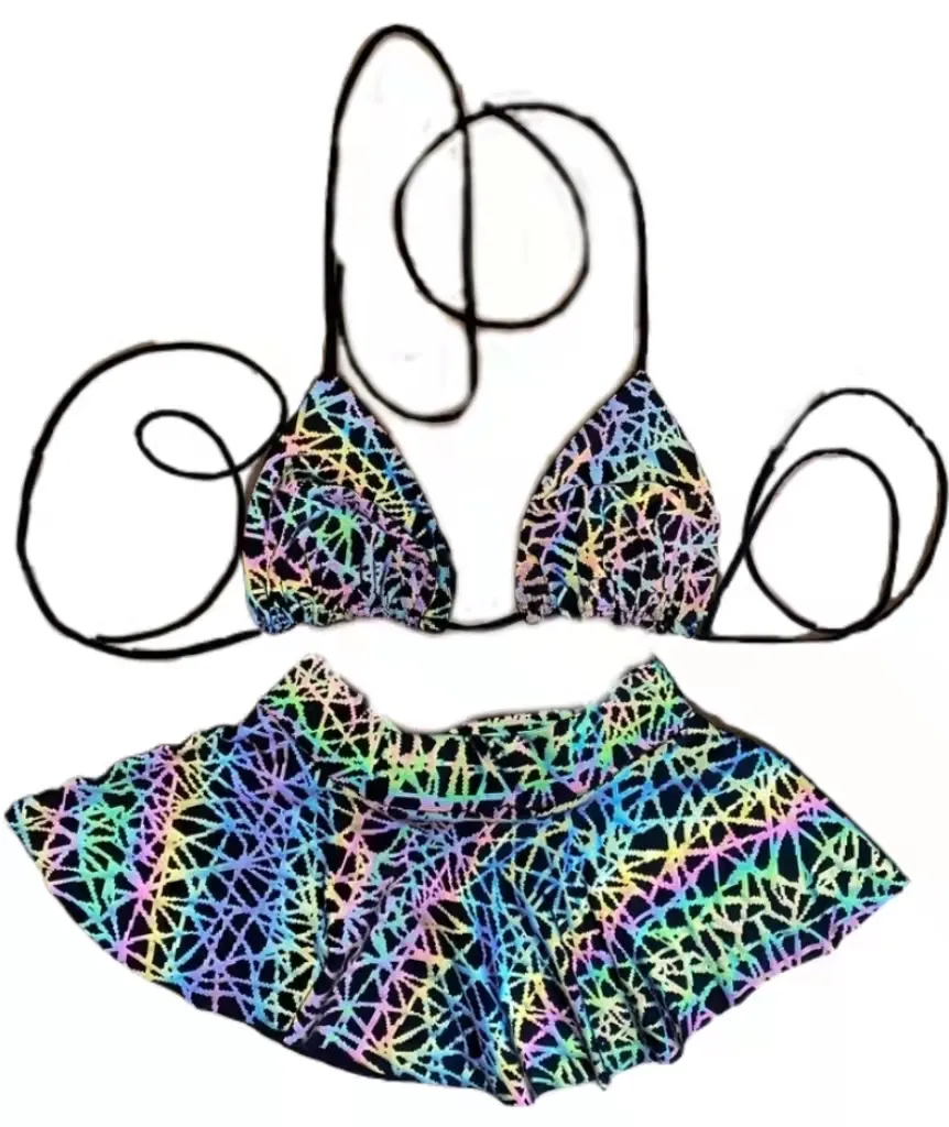 Kadın Y2K plaj Bikini 2 adet Set yansıtıcı etek elbise festivali kıyafet Rave giyim