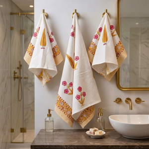 Organic Cotton Waffle <b>Bath</b> <b>Towel</b> <b>Set</b> Floral Embroidered Quick Dry Rectangle <b>Towel</b> <b>Set</b> for Home Bathroom - Product Image 1