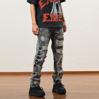 LILUO Nouveau Style Hommes Distressed Détruit Badge Pantalon Skinny Biker Jeans Art Patches Slim Trousers Men Denim Jeans