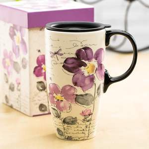 17 Onzas Taza de Viaje de Diseño Moderno, Tazas de Café Altas de Cerámica con Tapa Sellada, Color Morado con Flores, Caja para Regalos Empresariales - Product Image 2