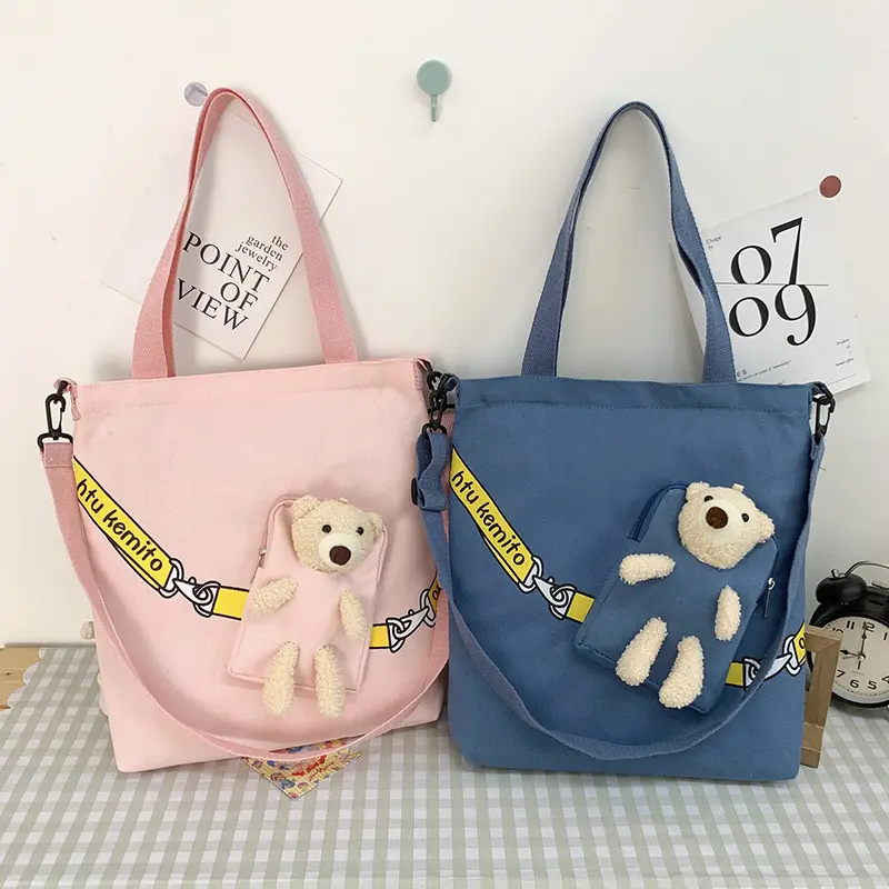 YIMYIK 2022 Spring New Women Handbag Cute Bear Casual Blue Canvas Tote Bag with Pocket