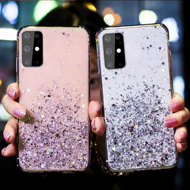 Bling Sparkle Cute Girls Women Soft TPU Slim Fit Phone Case for Samsung S21 Glitter Mobile Cover for Galaxy S20 Ultra Note10 S22