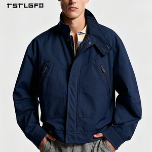 Custom Navy Blue <b>Utility</b> <b>Jacket</b> Stand Collar Full Zip Dual Zip Chest Pockets Adjustable Cuffs Unisex <b>Jacket</b> - Product Image 1