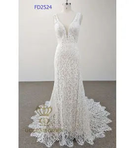 Queensdresses – robe de mariée en dentelle, dos nu, col en v, trompette, robes de mariée sirène dos nu, FD2524
