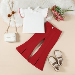 Tenues d'été pour filles de 90 à 130 cm, t-shirt à manches volantées, couleur unie, pantalon évasé à fente, ensemble deux pièces, vêtements en gros pour enfants - Product Image 4