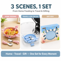 Assiette cuillère fourchette en silicone en forme de crabe de dessin animé mignon ensemble vaisselle d'aspiration sans BPA de qualité alimentaire pour enfants et tout-petits sevrage