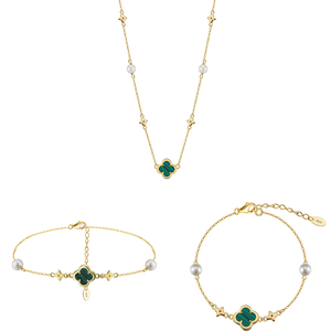 Rinntin Gmb69 + Gmn62 + Gma05 Bốn Lá Cỏ Ba Lá Hình Dạng Malachite Quyến Rũ 925 Sterling Bạc Trang Sức Bộ Vòng Đeo Tay Vòng Cổ Vòng Đeo Tay - Product Image 1