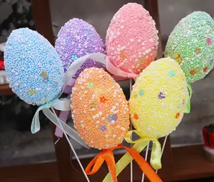 Grosir kerajinan telur gelembung simulasi ornamen Paskah busa berkilau dengan pita hadiah dekorasi Paskah