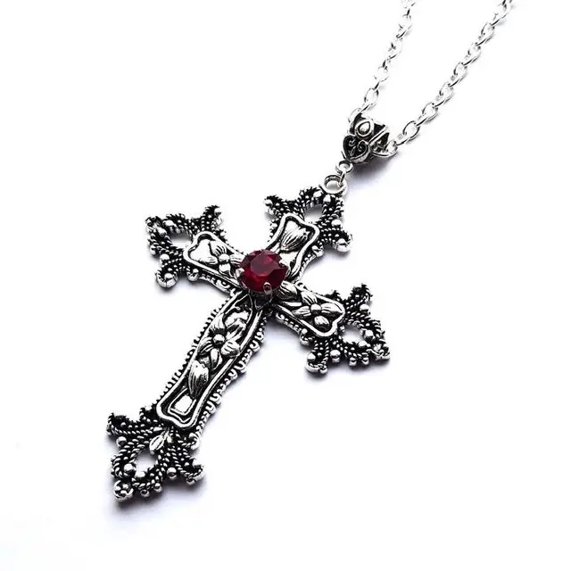 Large Detailed Cross Drilled Pendant Necklace Jewelry Silver Color Tone Gothic Punk Jewellery Fashion Women Gift Necklace