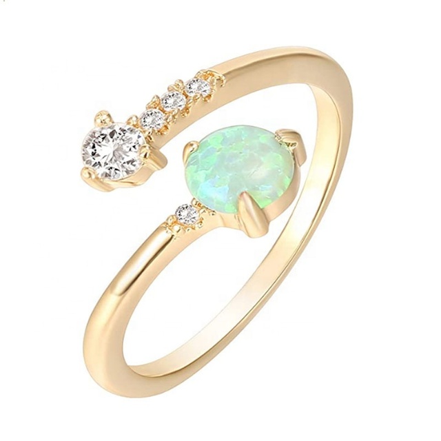 14K Gold Plated Crystal Opal Stone Ring 925 Sterling Silver Adjustable Rings for Women Ladies