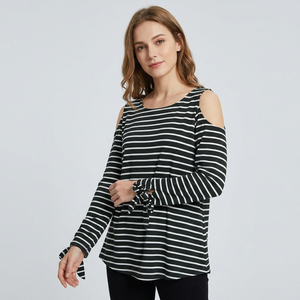 Haut à manches longues rayé pour femme, col rond, tricoté, 100 % coton, décontracté, collection printemps-été, Bangladesh - Product Image 1