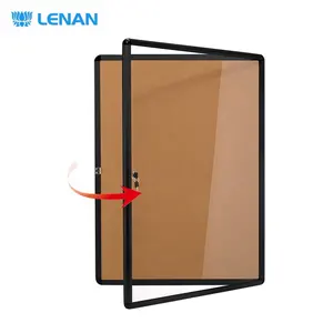 Lockable notice board decoration black aluminum frame cork showcase wall mount enclosed cork bulletin board