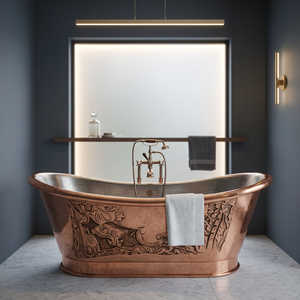Baignoire rectangulaire de luxe en cuivre avec couvercle, finition extérieure patine bleu-vert, autoportante, avec fonction bain à remous - Product Image 2