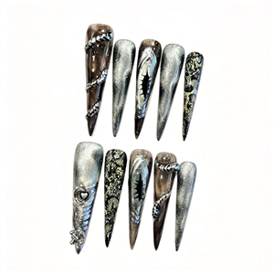 Ongles à presser longs et pointus faits à <span class=keywords><strong>la</strong></span> main, motif <span class=keywords><strong>peau</strong></span> de serpent fumé, serpent argenté 3D et œil <span class=keywords><strong>mal</strong></span>éfique, ongles bijoux gothiques cyberpunk - Product Image 3