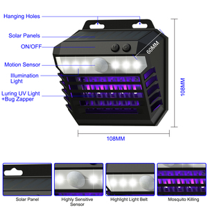 Ngoài trời cảm biến chuyển động Led năng lượng mặt trời <span class=keywords><strong>Bug</strong></span> Zapper hiệu quả UV muỗi Killer Tường Đèn Điện côn trùng Fly Zapper - Product Image 4