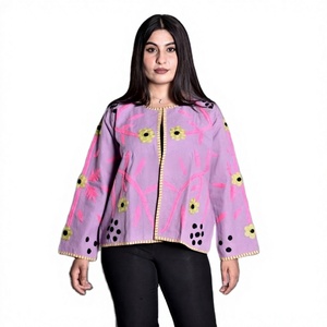 Handmade Knitted Eco-Friendly Elegant Women's Winter Bomber Jacket Breathable Quick Dry Cotton V-neck Ruffles Suzani Embroidery - Product Image 1