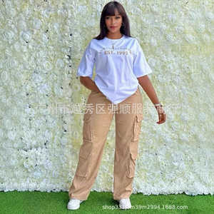Nouveautés été 2024 en stock, ensemble deux pièces décontracté pour femmes avec <span class=keywords><strong>pantalon</strong></span> ample simple et plusieurs poches pour <span class=keywords><strong>Amazon</strong></span> AliExpress - Product Image 3