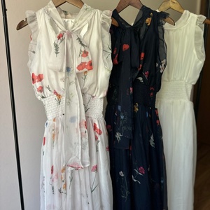 夏季别致清新印花蝴蝶结蕾丝立领无袖褶边甜美女装 - Product Image 1