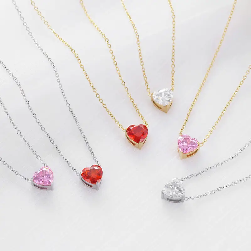 No Fade 14K Gold Plated Stainless Zircon Heart Choker Necklace Bling Diamond Heart Pendant Necklace For Ladies