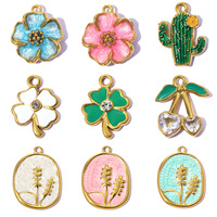 Liontin Enamel Baja Anti Karat Musim Semi Musim Panas, Bunga Kaktus Berhias Berlian Imitasi Ceri untuk Pembuatan Perhiasan Buatan Tangan