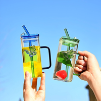 Tasse à café en verre borosilicate multicolore style nordique avec poignée et paille, résistante au lave-vaisselle, avec couvercle, pour la maison, modèle papillon, pour influenceurs