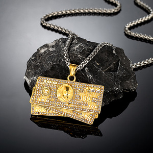 Collier pendentif en or plaqué avec diamants incrustés en forme de dollar américain, chaîne en acier inoxydable de 60 cm avec 175 diamants, bijoux cadeau - Product Image 1