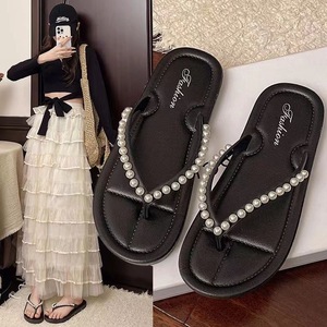 2026 New Pearl Flip Flops for Women Summer <b>Flat</b> Soft Sole Clip Toe Beach <b>Sandals</b> Outdoor Wholesale - Product Image 3