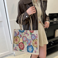 Mode grande capacité jute plage sac à bandoulière loisirs impression coton et lin sacs fourre-tout en gros