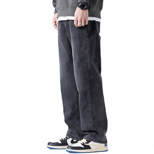 Jean en denim noir délavé coupe droite pour homme, coupe ample, décontracté, taille mi-haute, en coton, style automne - Product Image 2