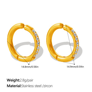 Pendientes de clip con circonita circular, lisos, de oro, oro rosa, acero inoxidable, minimalistas, para mujer. - Product Image 5