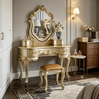 Ensemble de coiffeuse sculptée en or champagne, table de maquillage antique pour villa, chambre d'hôtes, projet hôtelier, vente en gros sur mesure