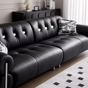 French Retro Black Cloud Top Grain Leather Straight Sofa Italian Minimal Couch for Small Living Room Home Decor - Product Image 2