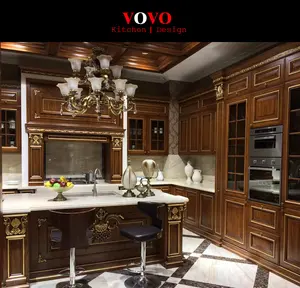 Dark Color Kitchen Cabinet Solid Wood With Gold Painting