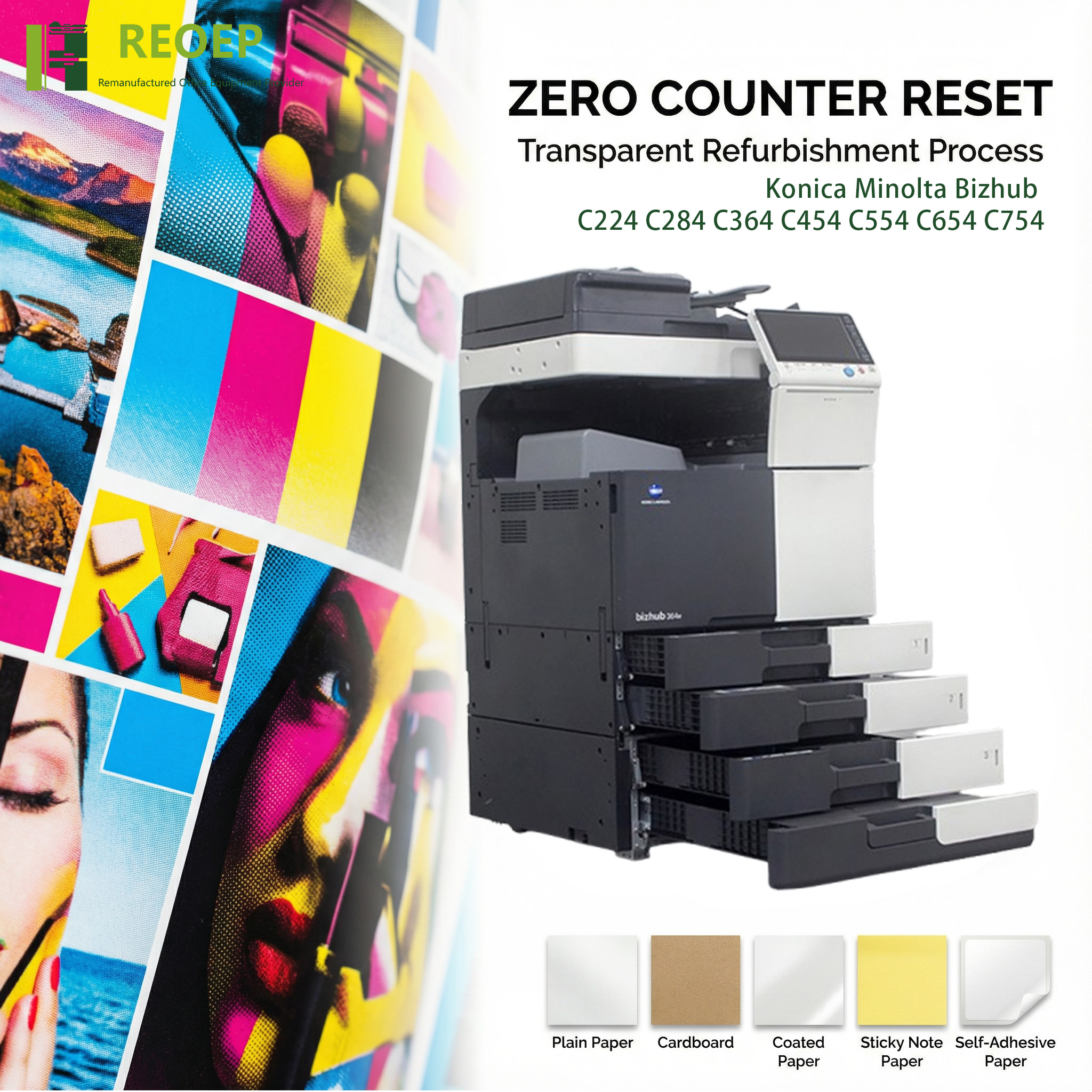 REOEP Used Konica Minolta Color Copier Bizhub C224 C284 C364 C454 C554 C654 C754 A3 Multifunctional Printer