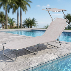 Chaise longue de plage pliable en aluminium Vieste Est avec pare-soleil, inclinable manuellement, en plastique écru, mobilier d'extérieur pour piscine/cour - Product Image 2