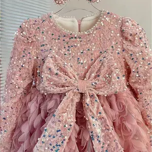 Elegante abito da principessa per bambini con paillettes 3D fiori rosa vestiti di compleanno per bambina per 2-14 Y abito da fiore bambina party