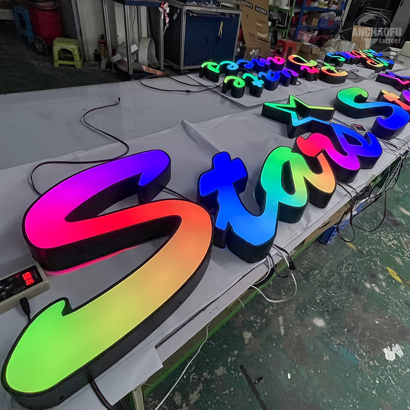 Пользовательские 3D RGB светодиодные подсвеченные из нержавеющей стали, буквенные вывески, наружный бизнес, передняя подсветка, электронный рекламный знак