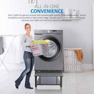 Supporto Pedana Moderno Regolabile da 27 Pollici in Ferro per Lavatrice e Asciugatrice con Ripiano Estraibile da 18 Pollici, Vaschetta di Scarico Grigia, Eco-Sostenibile per Hotel - Product Image 2