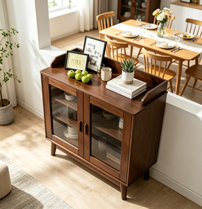 Meuble de salon moderne en bois massif avec portes vitrées, 3 étagères, design mid-century, meuble de rangement - Product Image 5