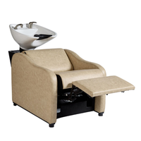 Fauteuil de lavage de luxe beige inclinable pour salon – Station de lavage pour usage professionnel avec cuvette en céramique et repose-pieds réglable et durable