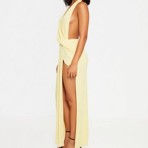 <span class=keywords><strong>Robe</strong></span> longue <span class=keywords><strong>dos</strong></span> nu à col en V profond avec fente haute et taille drapée pour femme Sehe Fashion - Product Image 1