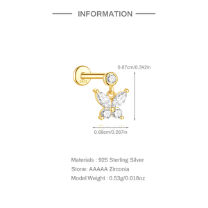 Piercing clou d'oreille 12x8mm en argent 925 plaqué or 18K avec zircon et franges papillon pour cartilage, hélix, tragus - Product Image 6