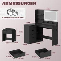 SENYU Coiffeuse moderne noire en forme de L avec miroir éclairé, étagères de rangement et tabouret pour chambre à coucher