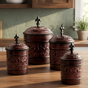 Classic Metal Spice Containers Set With Fleur De Lis Design Round Shape With Lid Storage <b>Bins</b> For <b>Kitchen</b> Use - Product Image 5