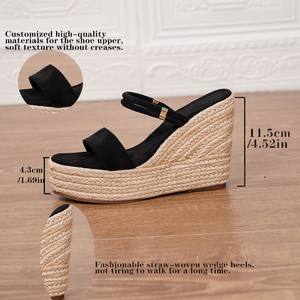Sandalias de cuña con plataforma de paja tejida, punta abierta, impermeables, estilo playero de verano, suela gruesa, zapatos de mujer - Product Image 4