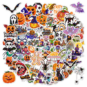 100 Uds Halloween <span class=keywords><strong>calabaza</strong></span> fantasma bruja murciélago pegatina, láser holográfico brillante equipaje fiesta decoración, pegatinas impermeables para niños - Product Image 1